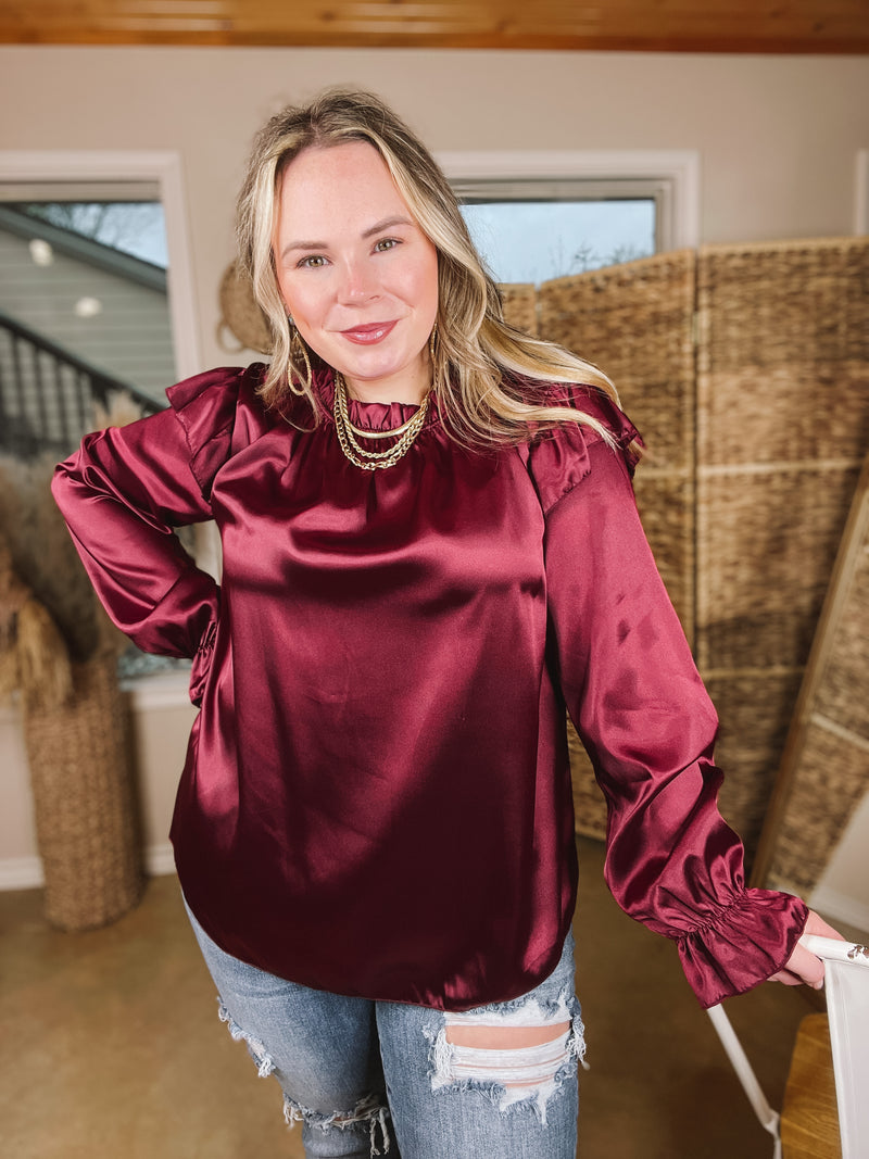 Can't Stop Me Ruffle Mock Neck Long Sleeve Satin Top in Maroon