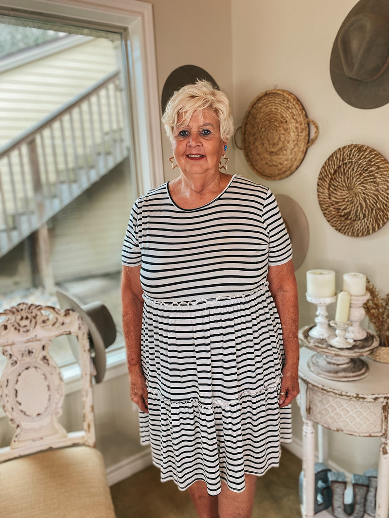 A Night to Remember Striped Ruffle Tiered Short Sleeve Dress in Ivory