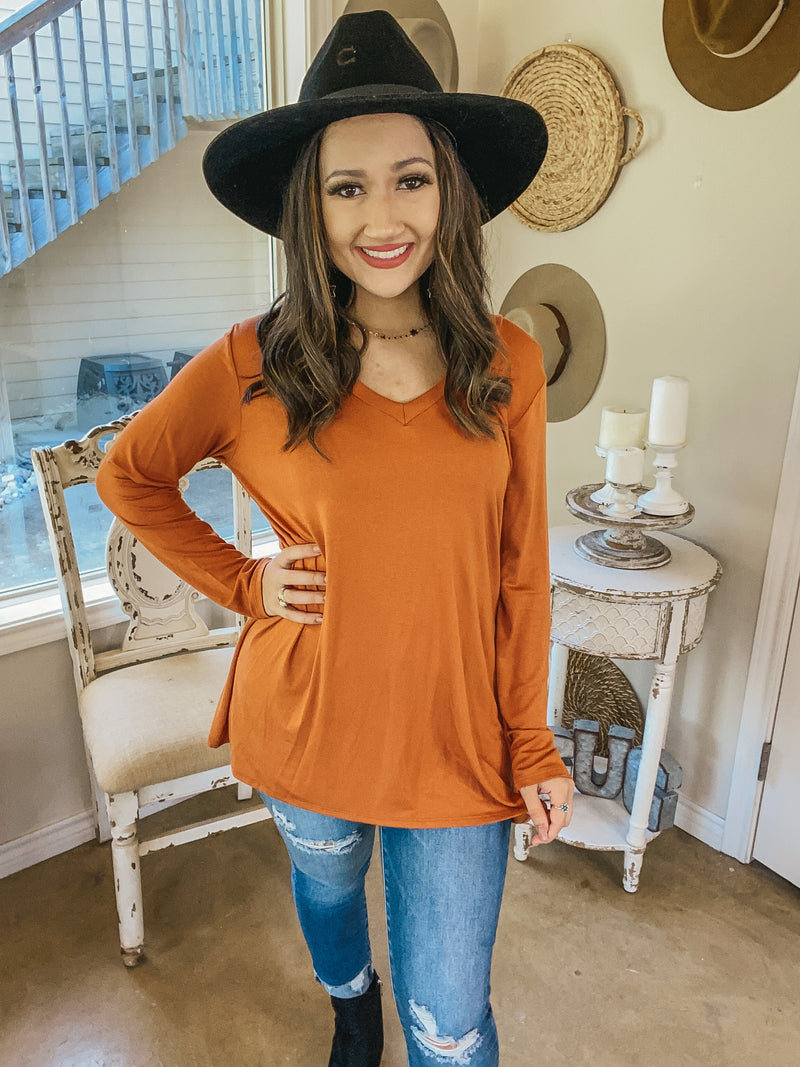 It's That Simple Solid V Neck Long Sleeve Tee in Rust