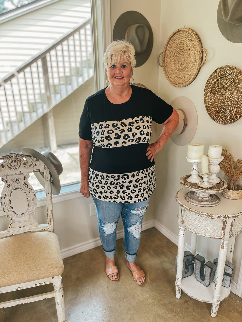 Captured Moments Short Sleeve Leopard Print Block Top in Black