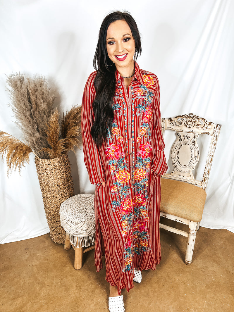 I'm All That Long Striped Button Up Maxi Dress with Multi Color Floral Print Embroidery in Rust