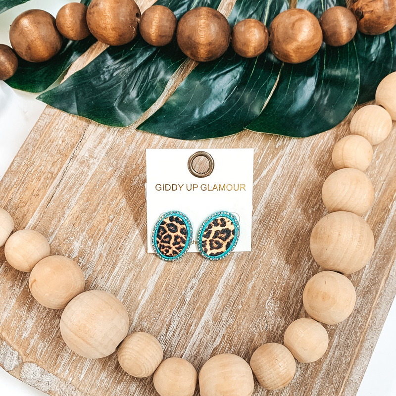 Oval Leopard Print Studs in Turquoise with Clear Crystals
