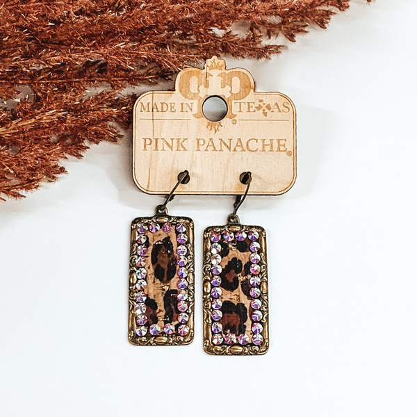 Pink Panache | Bronze Rectangle Earrings with Leopard Print Inlay and AB Crystals