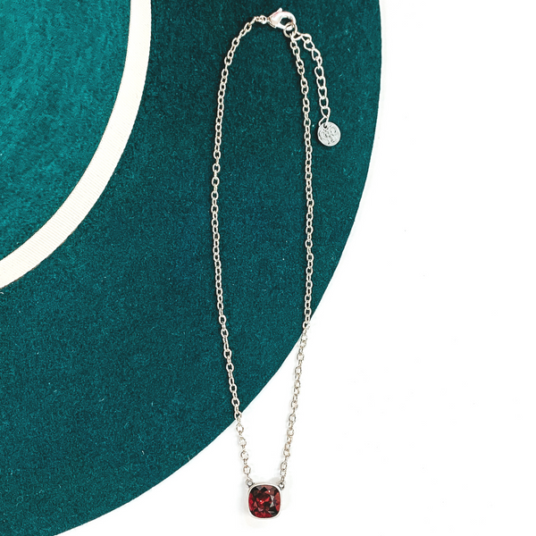 Pink Panache | Silver Chain Necklace with Cushion Cut Crystal in Maroon