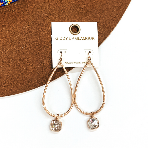 Large Hammered Teardrop Earrings with Hanging Crystal | Trendy pieces for shapes and sizes.