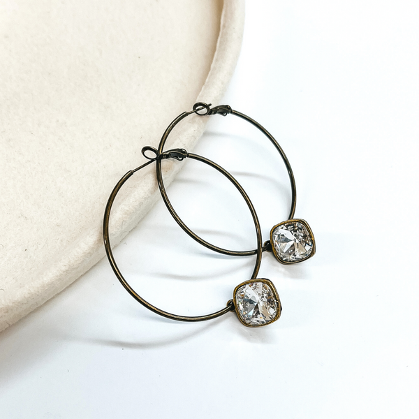 Pink Panache | Large Bronze Hoop Earrings with Clear Cushion Cut Crystals in Square Setting