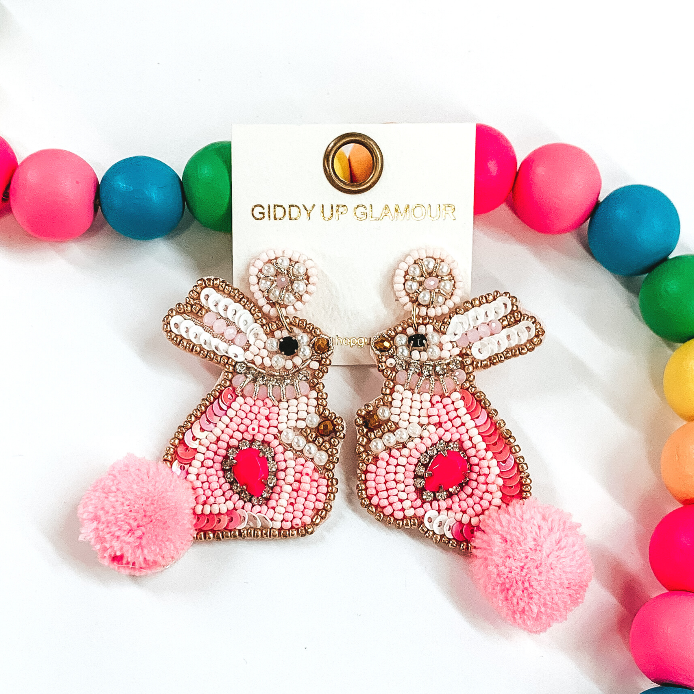 Image of Beaded Bunny Rabbit Earrings in Pink