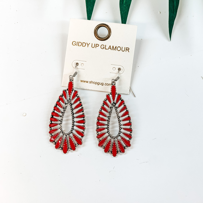 Teardrop Outline Needle Point Cluster Earrings in Red