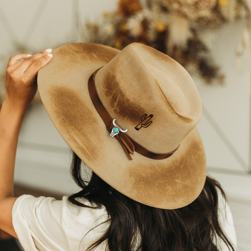 Charlie 1 Horse | Lakota Wool Felt Hat with Leather Band and Silver Bull Concho in Sand