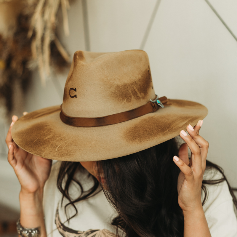 Charlie 1 Horse | Lakota Wool Felt Hat with Leather Band and Silver Bull Concho in Sand