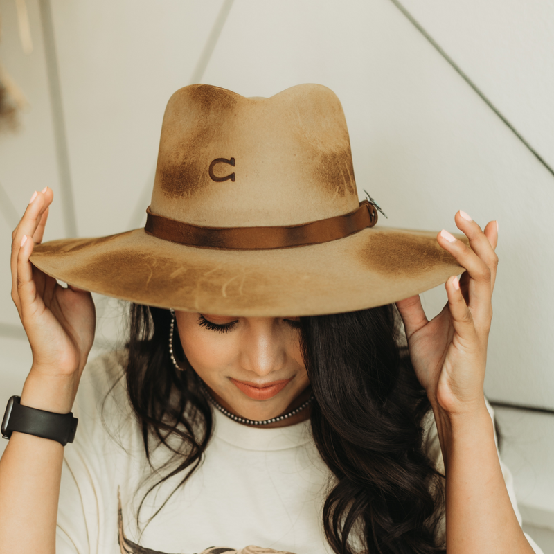 Charlie 1 Horse | Lakota Wool Felt Hat with Leather Band and Silver Bull Concho in Sand