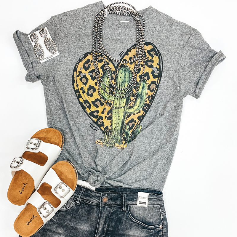 Desert Love Leopard Print Heart and Cactus Short Sleeve Graphic Tee in Grey
