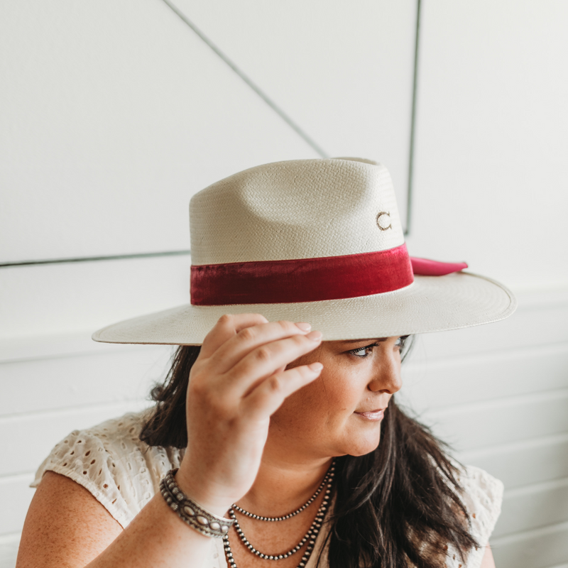 Charlie 1 Horse | Truth Straw Hat with Burgundy Velvet Ribbon Band and Barbosa Cross Concho Pin