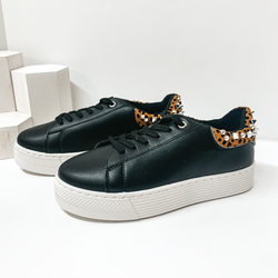 Studded Chic Lace Up Leopard Heel Platform Sneakers in Black