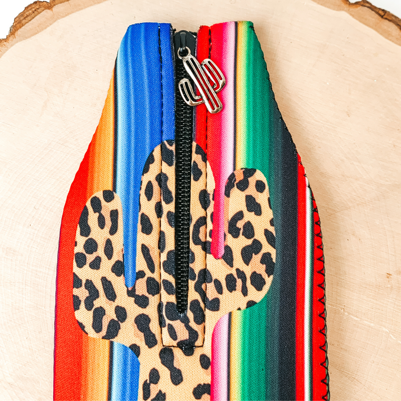 Serape and Leopard Print Cactus Zip Up Koozie with Cactus Charm