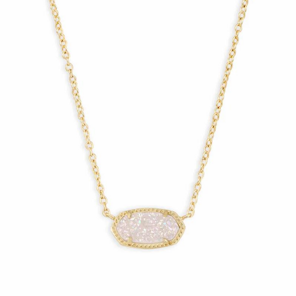 Gold necklace with iridescent drusy pendant, pictured on a white background.