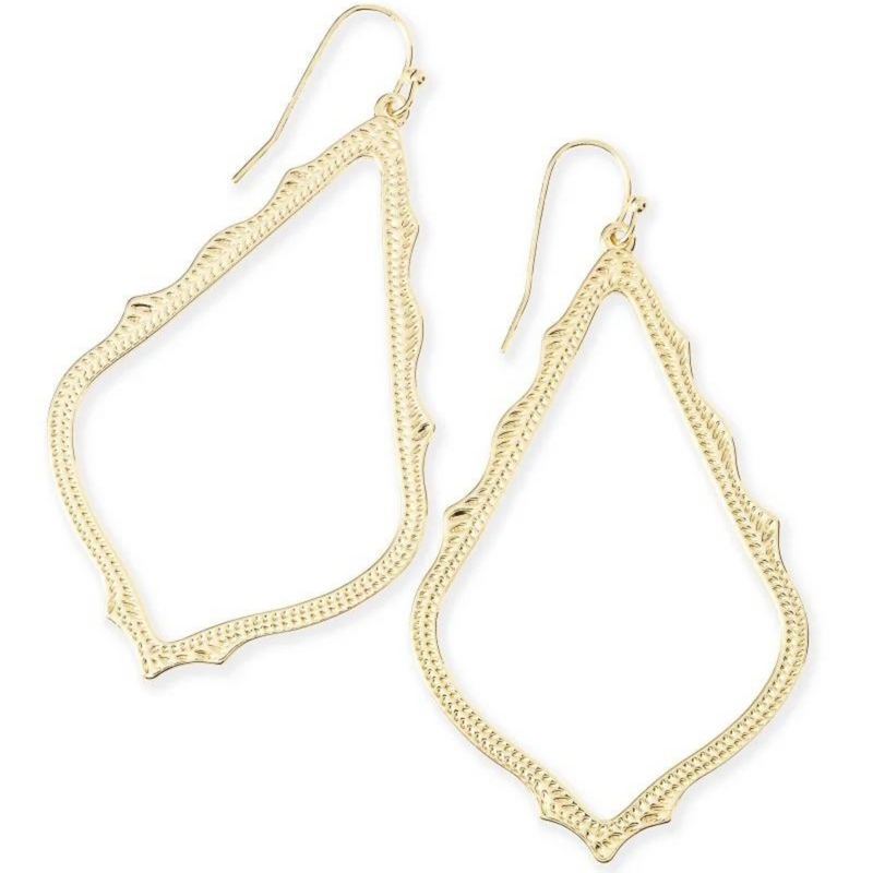 Gold dangle earrings pictured on a white background.