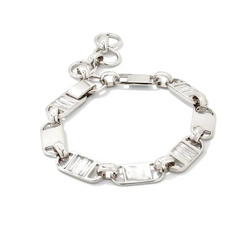 Silver chain link bracelet with white crystals.