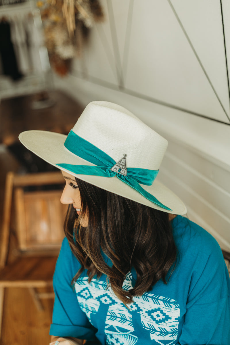 Charlie 1 Horse | Old Apache Straw Hat with Turquoise Blue Velvet Ribbon Band and Barbosa Teepee Concho Pin