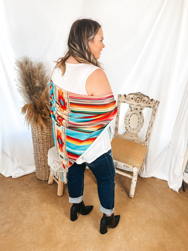 Serape and Aztec Print Wrap with Tassels in Ivory and Blue