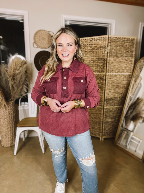 Cozy Welcome Waffle Knit Collared Top with Long Sleeves in Maroon