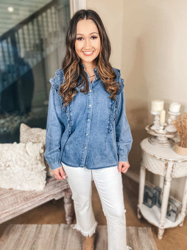 Attention To Detail Button Up Collared Denim Top with Ruffle Detail