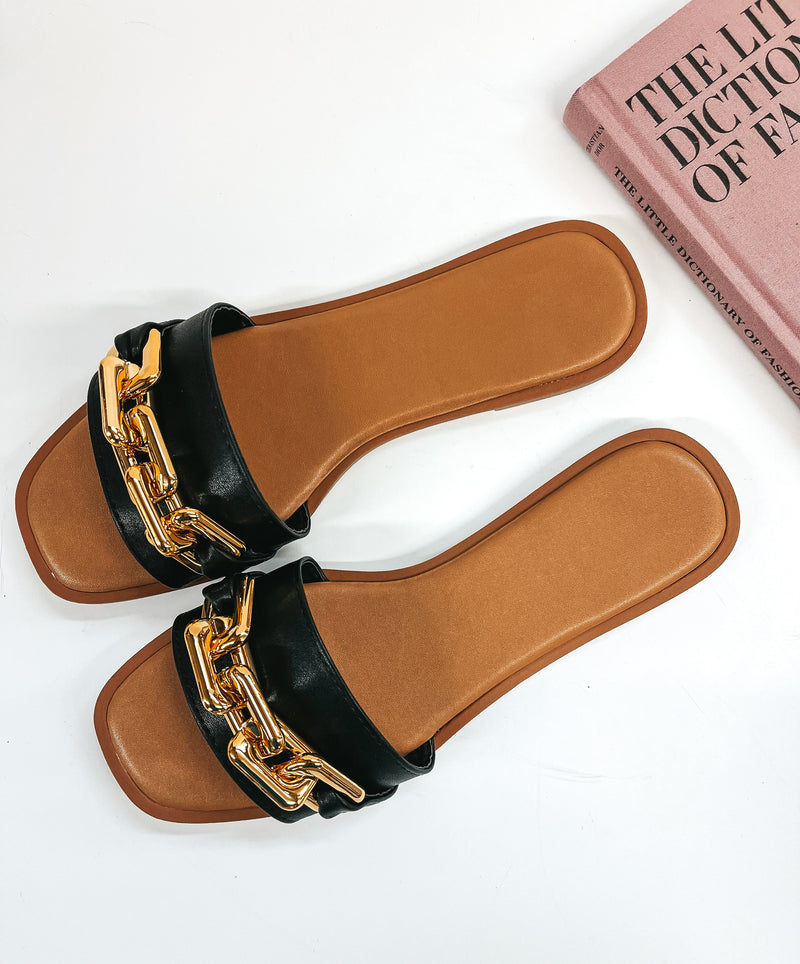 Resort Vibes Slide On Sandals with Gold Chain in Black