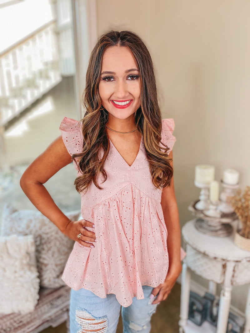 A Walk On The Pier Ruffle Sleeve Eyelet Babydoll Top in Peach Pink
