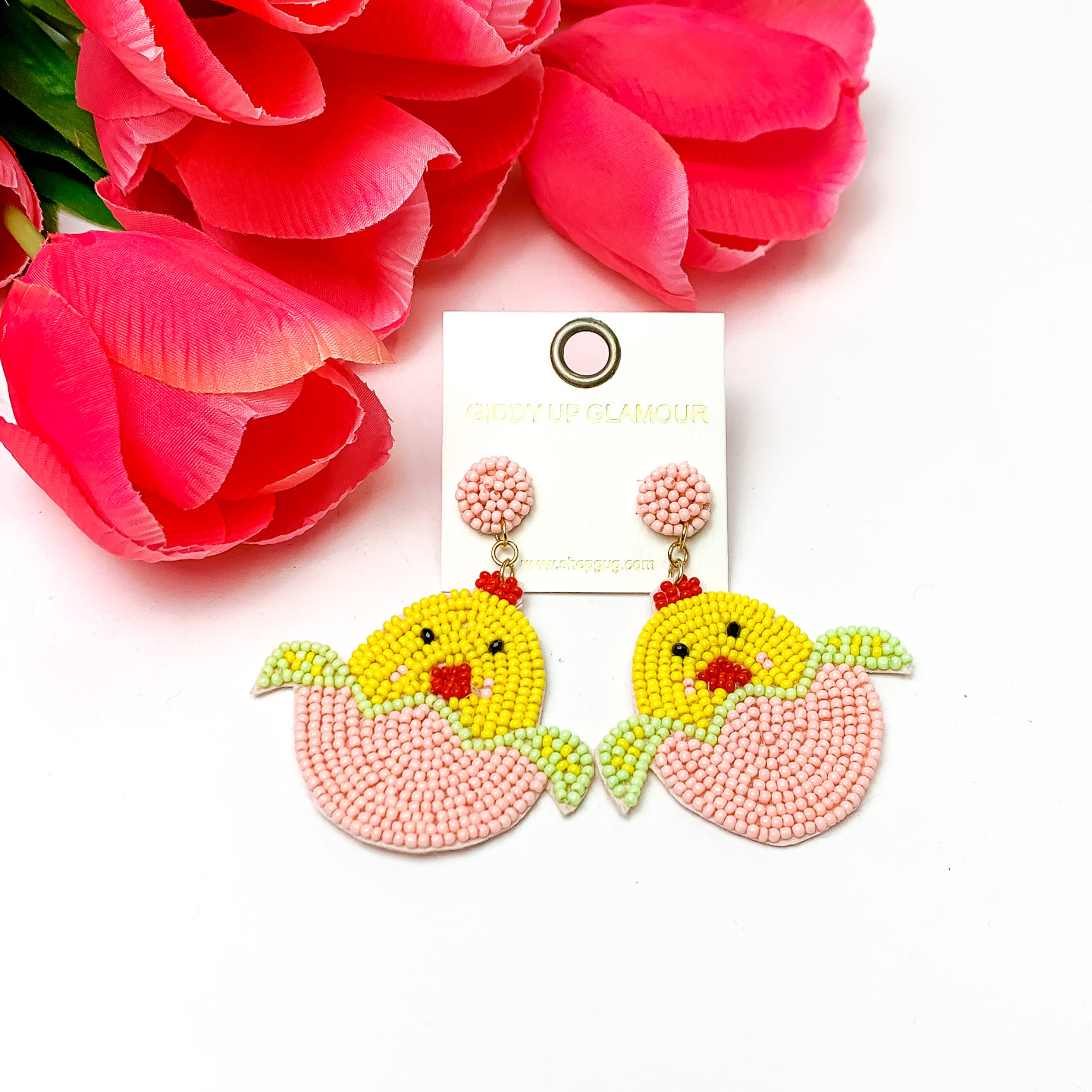 Image of Beaded Hatching Chick Easter Earrings in Light Pink