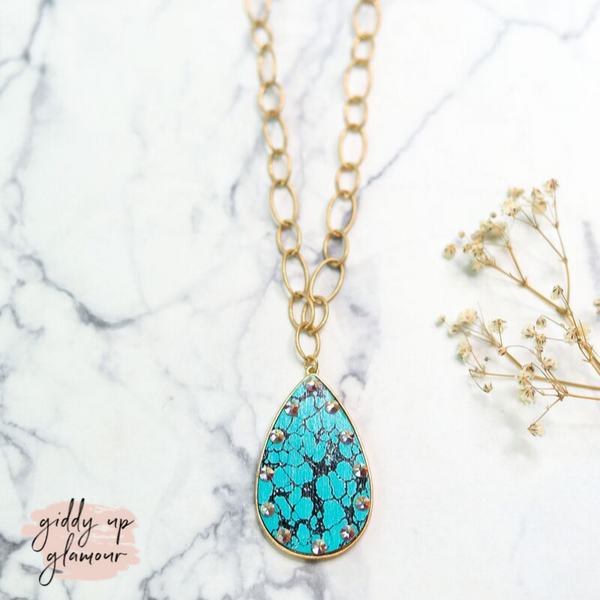 Pink Panache Gold Chain Necklace with Teardrop Crackle Turquoise Pendant and AB Crystals