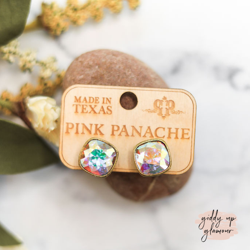 Image of Pink Panache | Bronze Stud Earrings with Cushion Cut Crystals in Ab