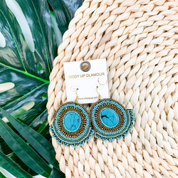 Modern Treasure Seed Bead Oval Earrings With Stone In Turquoise
