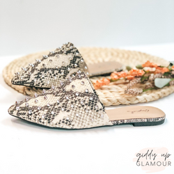 Uptown Girl Silver Spiked Slide On Mules in Snakeskin