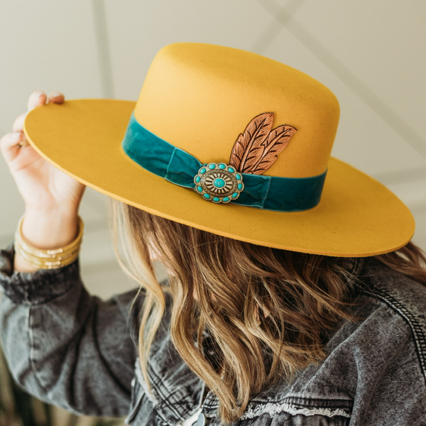 Charlie 1 Horse | Nomad Wool Felt Hat with Ribbon Band and Concho with Leather Feather in Yellow