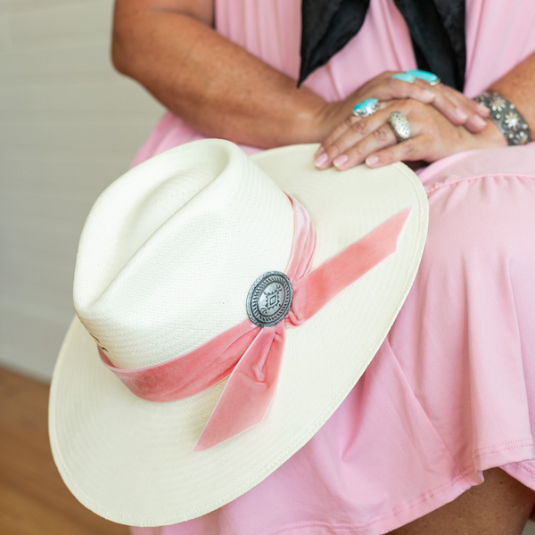 Charlie 1 Horse | Only Prettier Straw Hat with Pink Velvet Ribbon Band and Barbosa Oval Concho Pin