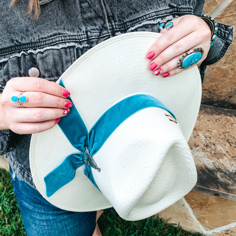 Charlie 1 Horse | Old Apache Straw Hat with Turquoise Blue Velvet Ribbon Band and Barbosa Teepee Concho Pin