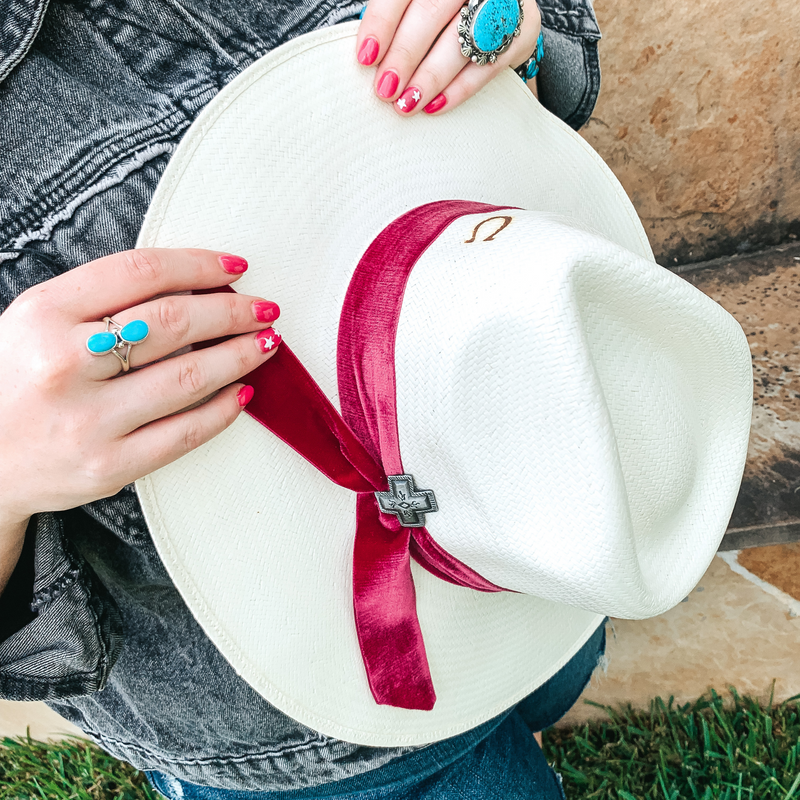 Charlie 1 Horse | Truth Straw Hat with Burgundy Velvet Ribbon Band and Barbosa Cross Concho Pin