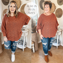 So Agreeable Knit Dolman Sweater with Scalloped Hemline in Rust Orange