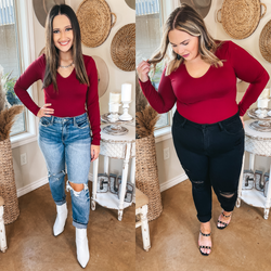 Over the Top V Neck Long Sleeve Bodysuit in Maroon