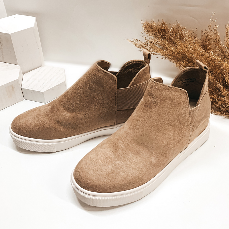 First Steps Suede Heeled Slip On Sneakers in Taupe