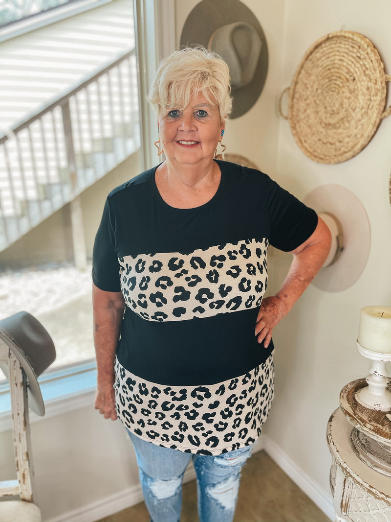 Captured Moments Short Sleeve Leopard Print Block Top in Black