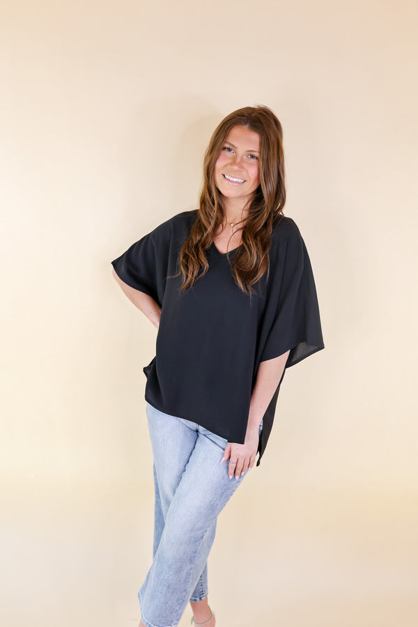 Majestic Moment V Neck Poncho Top in Black