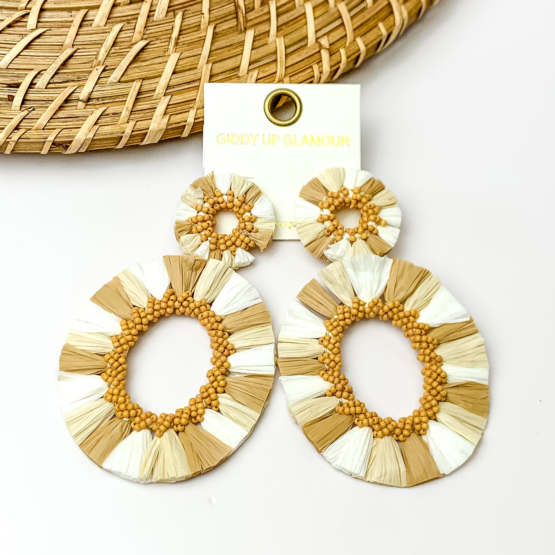 Image of Siesta Keys Raffia Wrapped Open Oval Earrings in White, and Shades of Tan