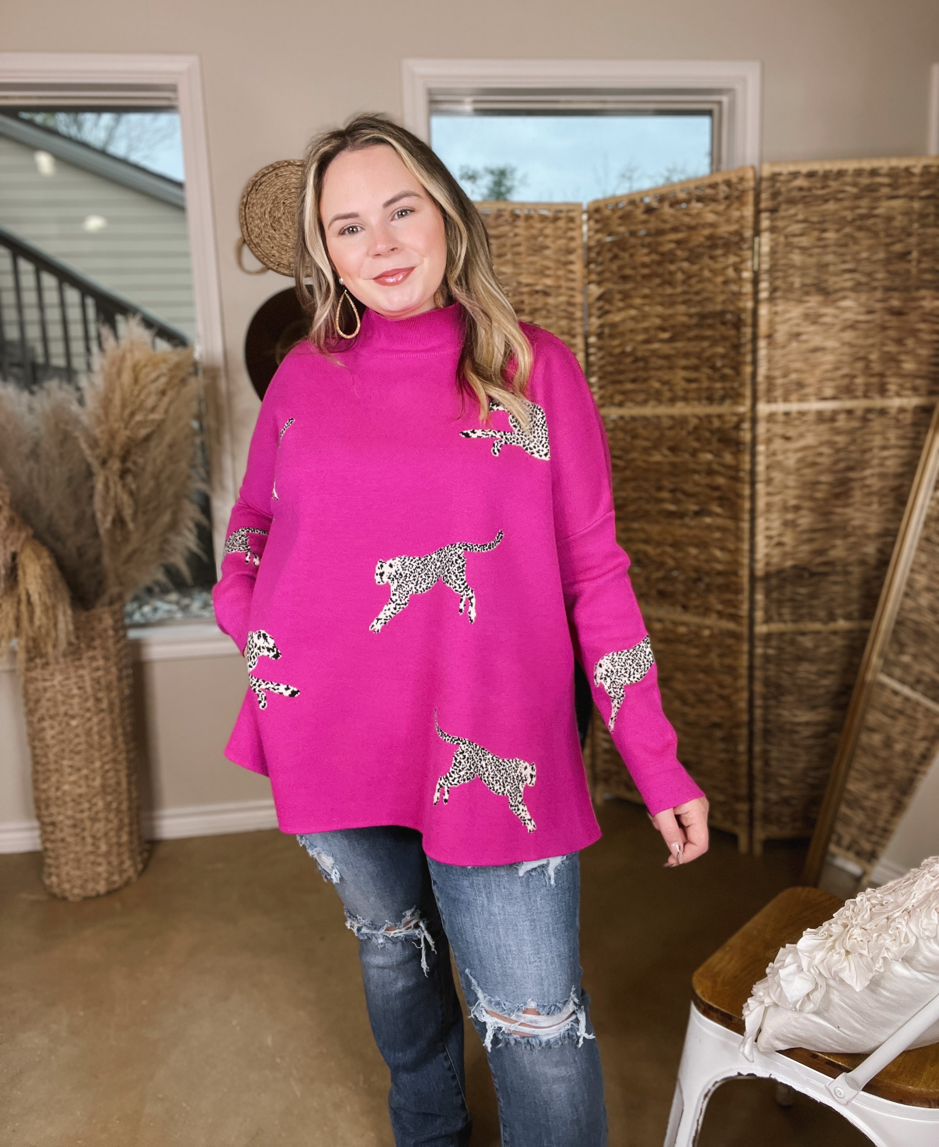 Cheetah Girls Mock Neck Cheetah Print Sweater in Hot Pink | Trendy ...