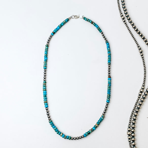 Corina Smith | Navajo Handmade Sterling Silver Kingman Turquoise Beaded Necklace with Navajo Pearl Spacers
