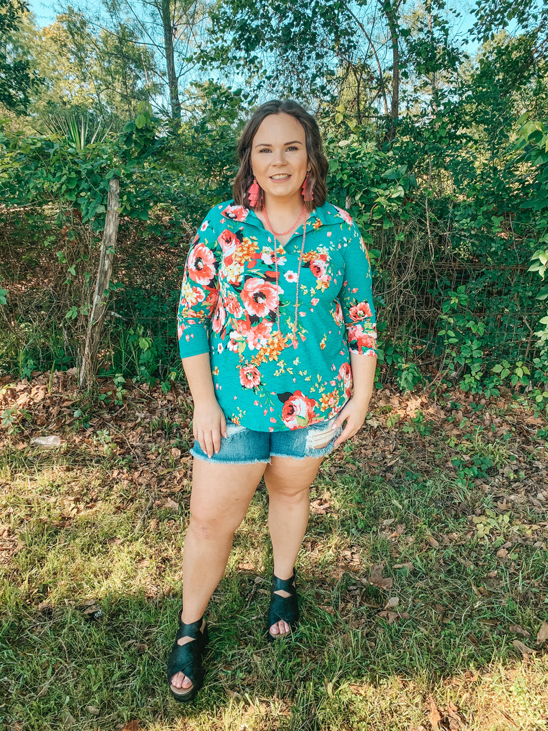 Scenic Route Floral Collared Tunic Top in Teal