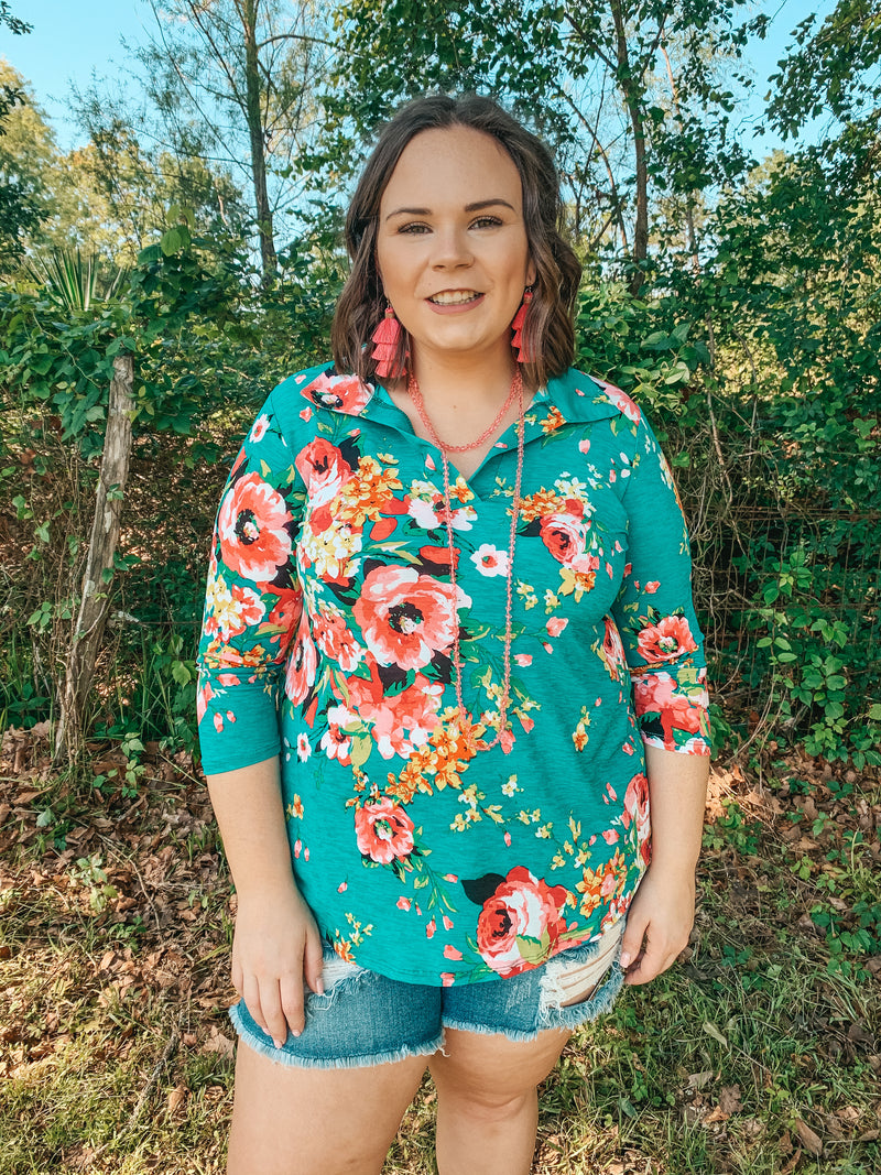 Scenic Route Floral Collared Tunic Top in Teal