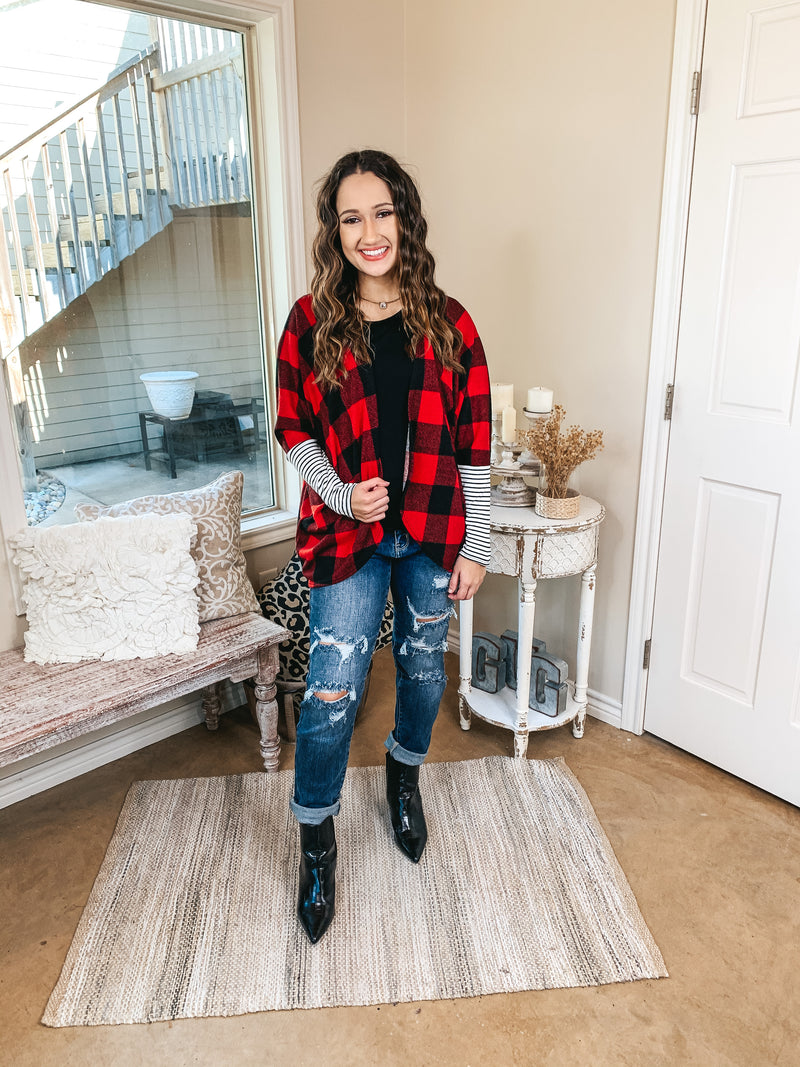 Lining Up Long Sleeve Dolman Cardigan with Striped Sleeves in Buffalo Plaid
