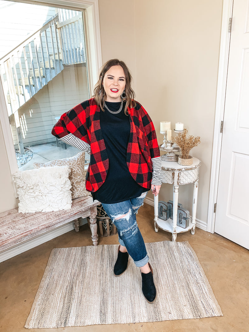 Lining Up Long Sleeve Dolman Cardigan with Striped Sleeves in Buffalo Plaid