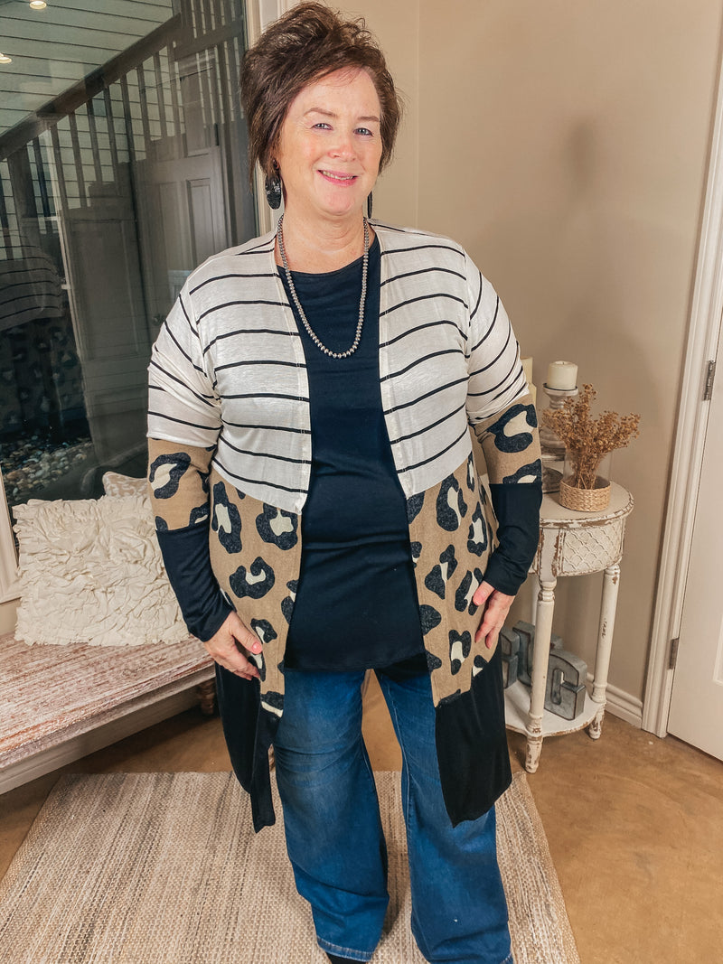 Dewy Morning Striped and Leopard Print Block Cardigan in Black, Ivory, and Taupe